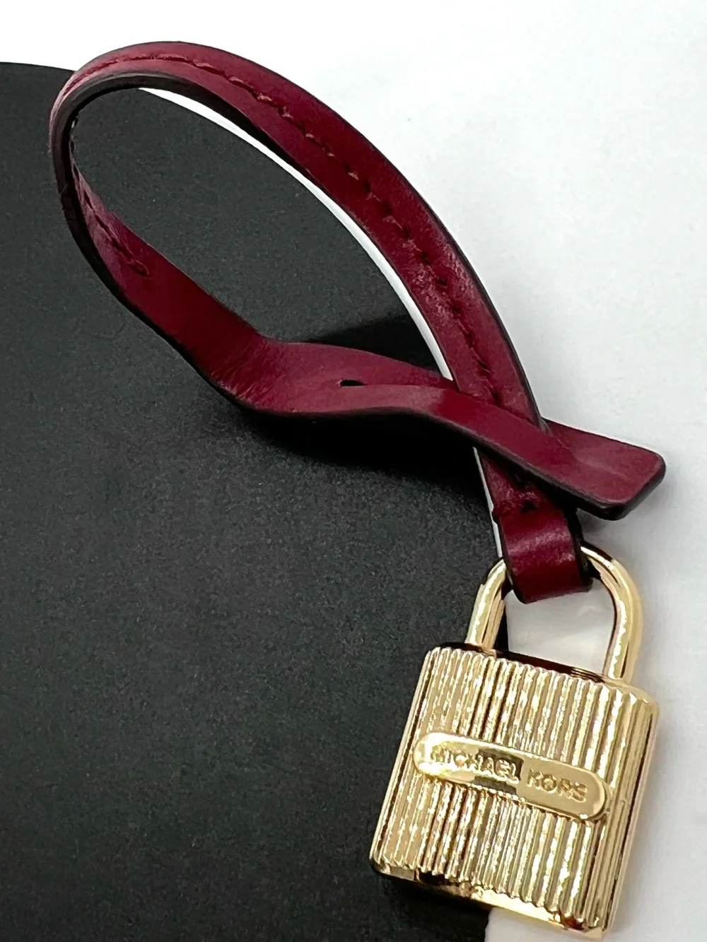 Michael Kors Gold Ribbed Padlock Bag Charm Burgundy Leather Key Ring Bag Charm